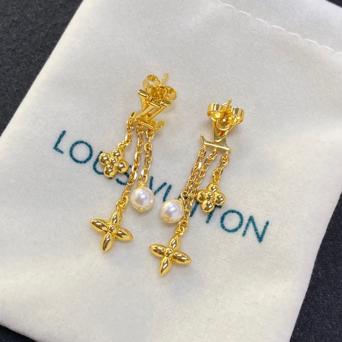 Louis Vuitton Gold Bee and Pearl Dangle Earrings